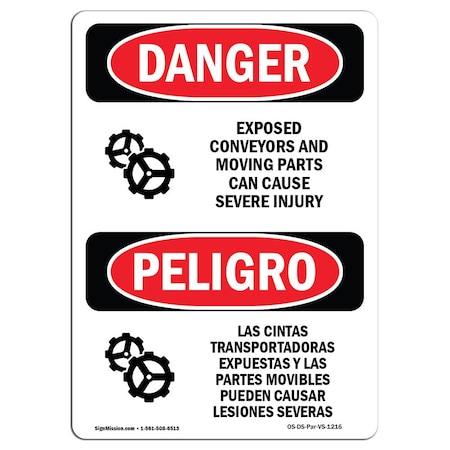 Signmission OSHA Sign, Exposed Conveyors & Moving Parts Bilingual, 14in X 10in Alum, 10" W, 14" H, Spanish OS-DS-A-1014-VS-1216